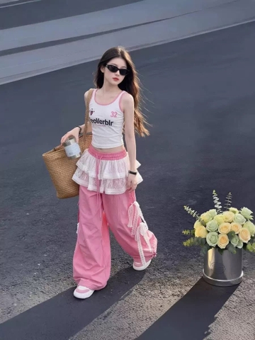 Bộ bé gái áo ba lỗ mix quần suông ren hồng trắng