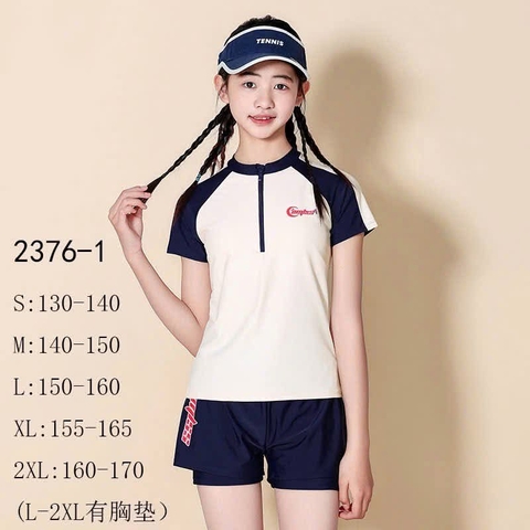Bộ bơi bé gái YUKE cộc tay trắng phối navy Cnmlss quần sooc