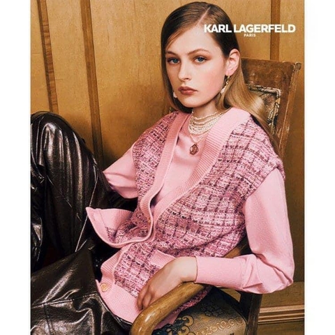 Set 2 món áo gile len dạ kèm áo giữ nhiệt cổ tròn Karl Lagerfeld 3 màu xanh, be, hồng