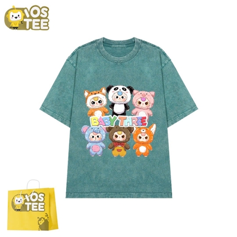 Áo phông XANH LÁ cotton cộc tay loang IOSTEE hình 6 bé Baby Three V3