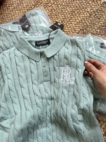 Áo len polo cộc tay dệt kim màu xanh mint RALPH LAUREN