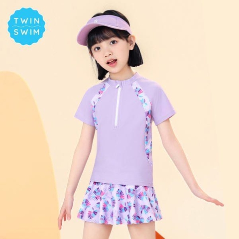Bộ bơi Yuke tím áo cộc tay kéo khóa chân váy phối lá