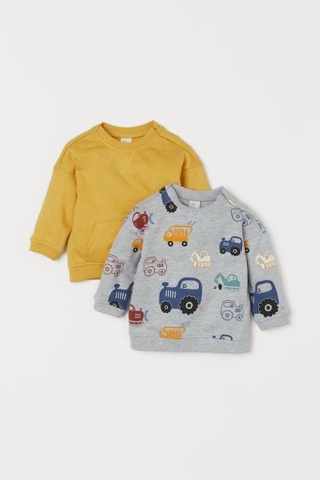 Set 2 bộ nỉ da cá H&M họa tiết oto ghi, vàng trơn