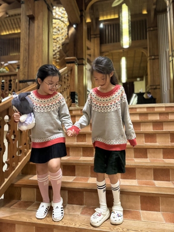 Áo len cổ tròn hãng Teenie Weenie Kids họa tiết thổ cẩm phối màu ghi đỏ