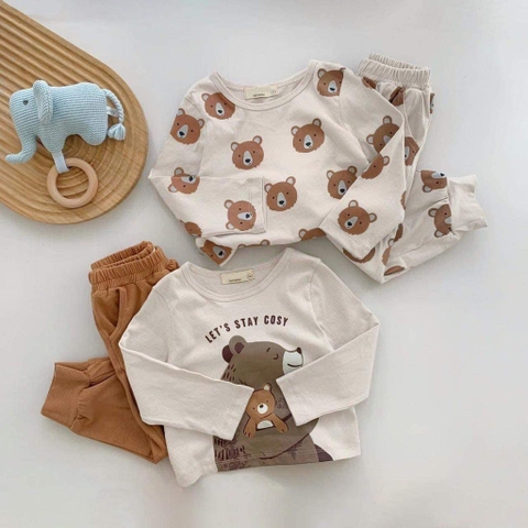 Set 2 bộ cotton hình gấu màu be và nâu Let's Stay Cosy