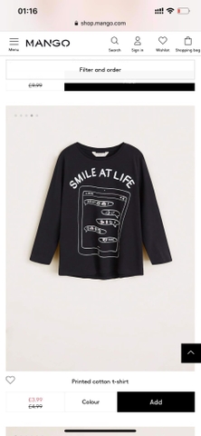 MANGO AUTH - Áo phông dài tay đen in chữ Smile at life (LOL)