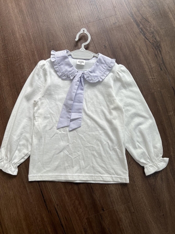 Áo thun trắng dài tay bo chun phối cổ nơ xanh hãng Little Bobdog