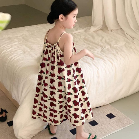 Váy hai dây xuất Hàn chất thô vintage hoa 2 màu be, xanh tím