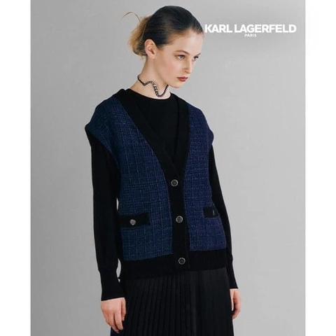 Set 2 món áo gile len dạ kèm áo giữ nhiệt cổ tròn Karl Lagerfeld 3 màu xanh, be, hồng