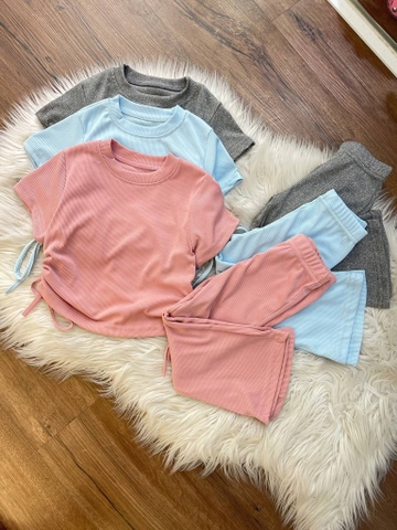 Bộ cotton thun tăm áo cộc tay croptop dây rút eo quần ống loe 3 màu