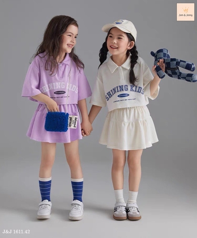 Bộ Jam&Jenny áo polo babytee và chân váy xoè Shining Kids 2 màu tím và trắng bé gái