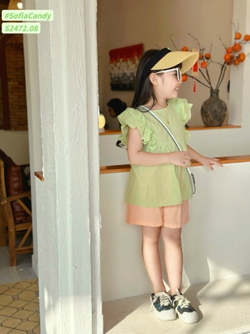 Bộ thô áo xanh lá tay cánh tiên quần cam Sofia Candy