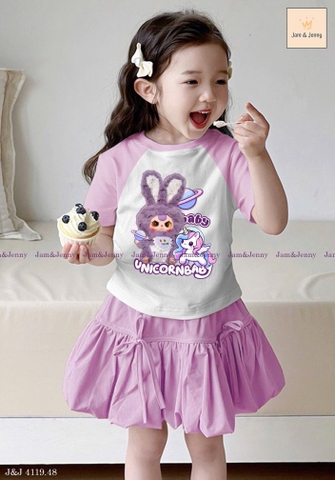 Bộ cotton cộc tay tím BABY THREE UNICORN hãng Jam&Jenny chân váy xòe đính nơ phối áo tay raglan tím-trắng