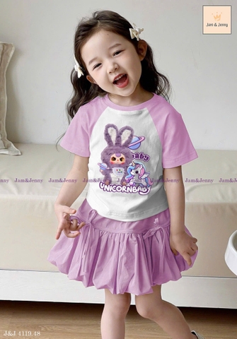 Bộ cotton cộc tay tím BABY THREE UNICORN hãng Jam&Jenny chân váy xòe đính nơ phối áo tay raglan tím-trắng