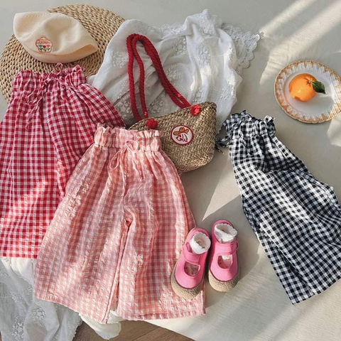 Quần suông caro cạp chun dáng rộng 3 màu cho bé