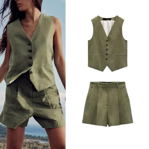 Bộ Zara linen áo vest gile kèm quần short 3 màu