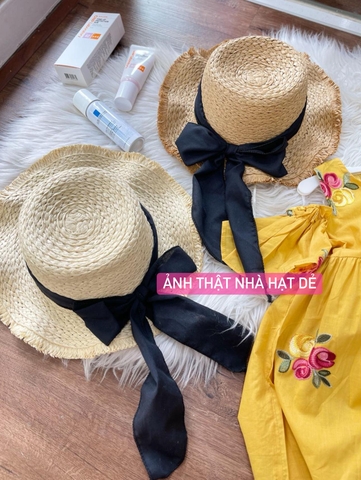 Mũ cói nơ hai màu nâu đậm và nhạt cho bé