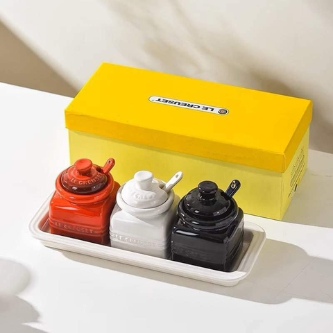 Set 3 hũ đựng gia vị bằng sứ hãng Le Creuset sắc màu