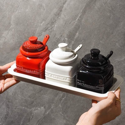 Set 3 hũ đựng gia vị bằng sứ hãng Le Creuset sắc màu