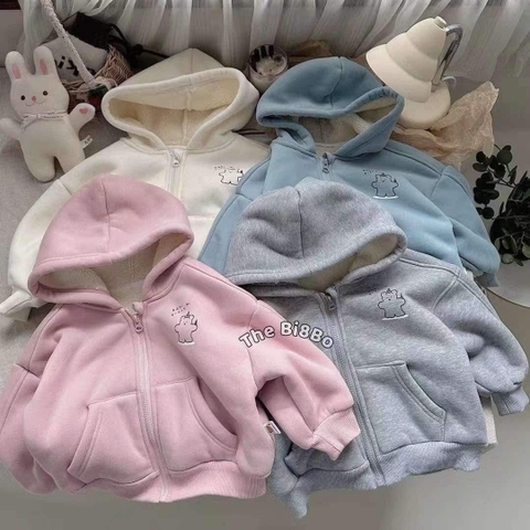 Áo khoác hoodie zip nỉ lót lông 4 màu hồng, be, ghi, xanh