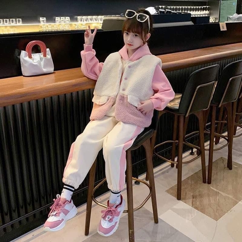 Bộ nỉ bé gái size đại 3 chi tiết áo hoodie, gile lông, quần bo gấu 2 màu hồng, xanh