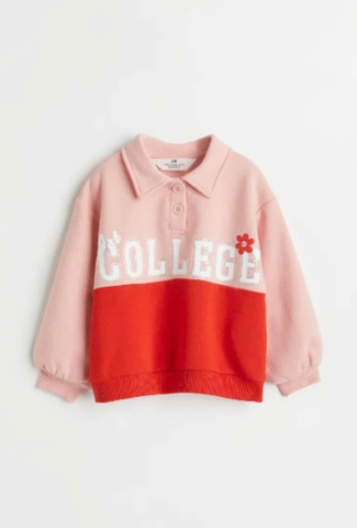 Áo nỉ lót bông H&M College dài tay cổ polo hồng phối đỏ