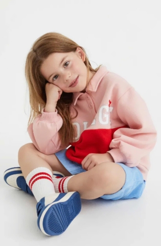 Áo nỉ lót bông H&M College dài tay cổ polo hồng phối đỏ