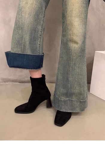 Boots da lộn gót 5 phân mũi vuông kéo khoá 2 màu be và nâu