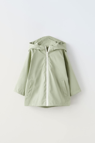 Áo khoác raincoat Zara baby kéo khóa có mũ màu xanh