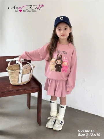 Set áo nỉ phối chân váy Labubu 2 màu hồng, be