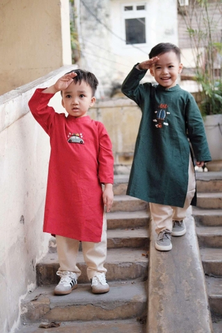 Áo dài bé trai linen thêu hình Ô tô 3 màu