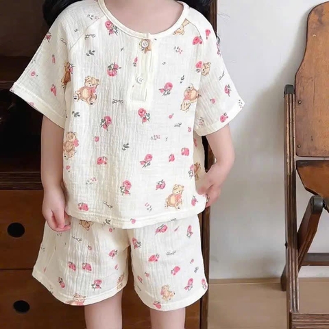 Bộ áo cộc quần sooc xô đũi 2 màu xanh, hồng hình gấu