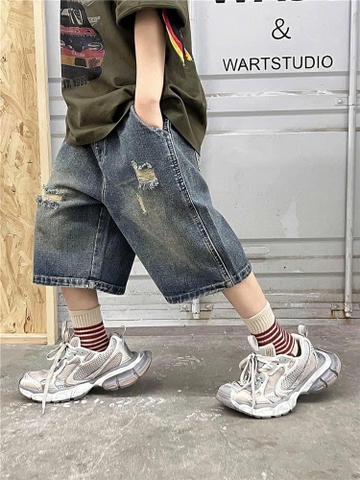 Quần short jean rách dáng lửng bé trai size đại Super Baby