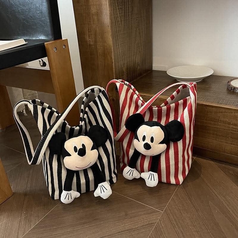 Túi tote Mickey kẻ sọc màu đen và đỏ