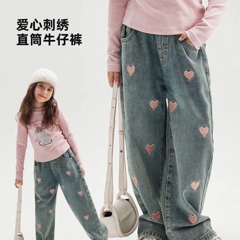 Quần jean suông cạp chun thêu TRÁI TIM hồng