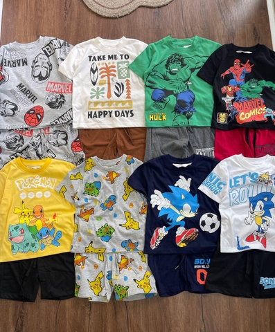 Bộ cotton H&M cộc tay bé trai Sonic, Pokemon, Hulk xanh...nhiều mẫu hè 2025