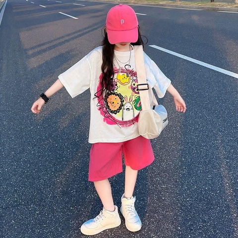 Bộ cotton Smile áo cộc tay 2 màu hồng, trắng cổ tròn mix quần hồng