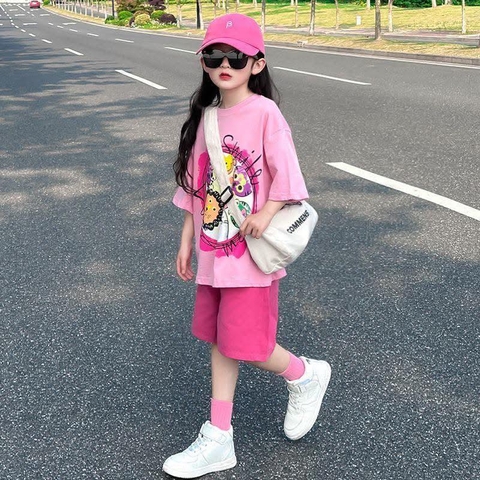 Bộ cotton Smile áo cộc tay 2 màu hồng, trắng cổ tròn mix quần hồng