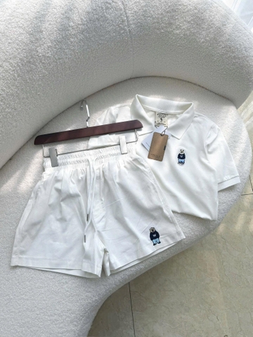 Bộ Who.a.u polo cộc tay thêu gấu màu TRẮNG
