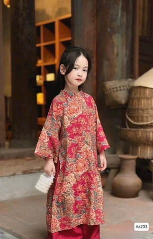 Áo dài CON đỏ hoa mẫu đơn vải nhung tăm