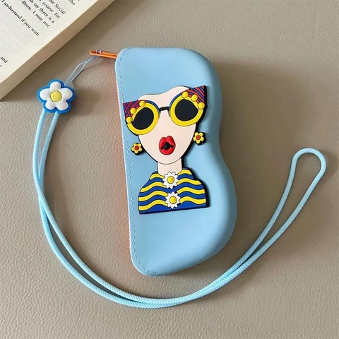 Túi đựng kính sillicon hình 3 cô gái 3 màu xanh lá, xanh dương, ghi