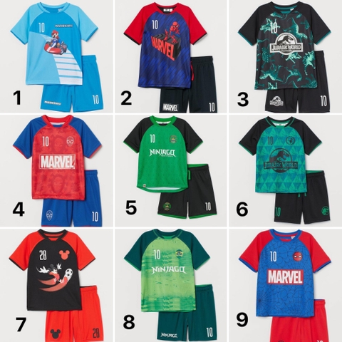 Bộ thể thao cộc tay 9 mẫu bé trai: Mario, Jurassic Wolrd, Spiderman, NinjaGo, Marvel