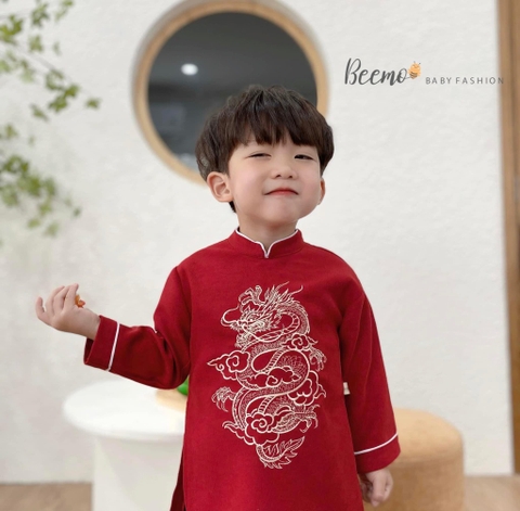 Set áo dài cách tân thêu long nhung tăm Beemo 2 màu xanh và đỏ