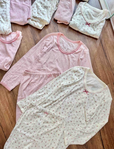 Bộ cotton dài tay xuất Nhật hoa nhí, kẻ ngang