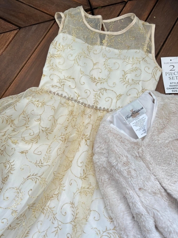 Váy dạ hội voan vàng họa tiết lá đính eo kèm áo lông hãng Rare Editions