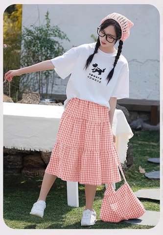 Set bộ 11-15Y WinWin áo cotton cộc tay trắng kèm túi mix chân váy caro 3 màu