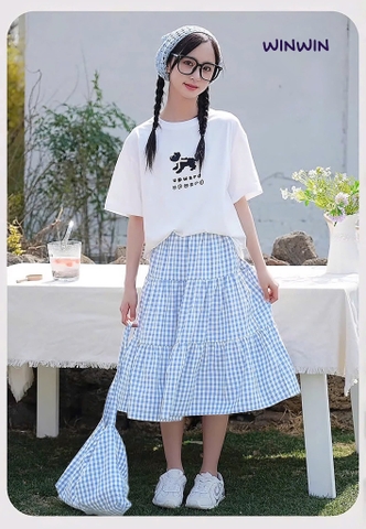 Set bộ 11-15Y WinWin áo cotton cộc tay trắng kèm túi mix chân váy caro 3 màu