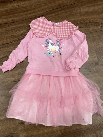 Váy nỉ hồng tay bo cổ caro bèo thân phối voan hình Unicorn hãng Babidiboo