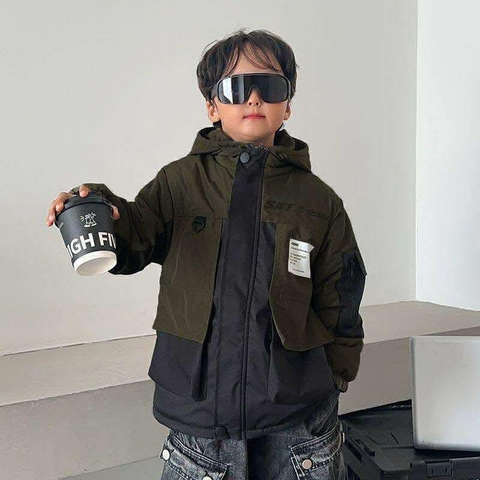 Áo phao lót lông SAT few phối rêu đen có mũ cho bé