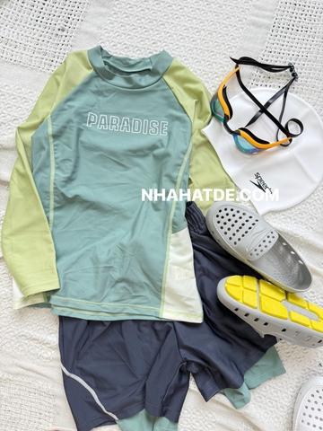 Bộ bơi áo dài tay quần short 2 lớp Paradise Yuke raglan mix màu xanh mint bé trai